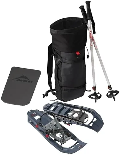msr evo trail snowshoe kit with trekking poles and seat cushion backpack